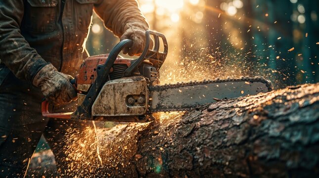 Worker in protective jacket and gloves cutting a fallen tree trunk with a chainsaw, sawdust flying in warm sunset light; close-up of tool and log