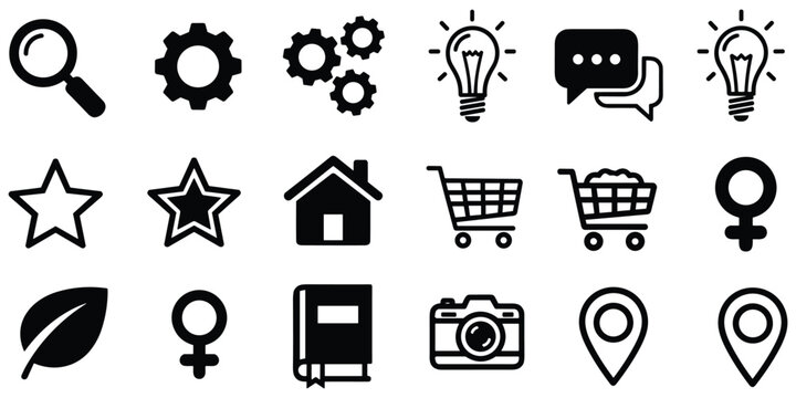 Universal interface icon set featuring search settings ideas shopping cart and location markers