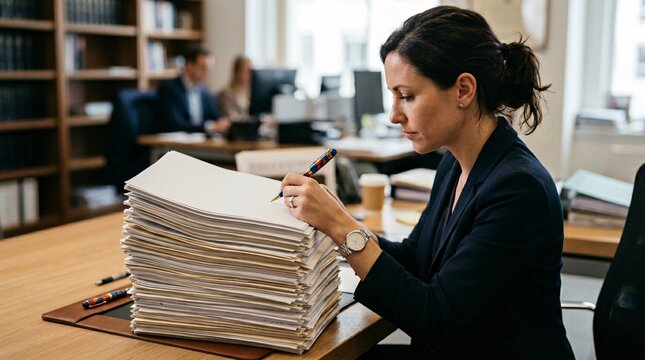 Detailed photo capturing a person wearing an elegant silver watch writing on a massive stack of financial documents using a colorful pen.