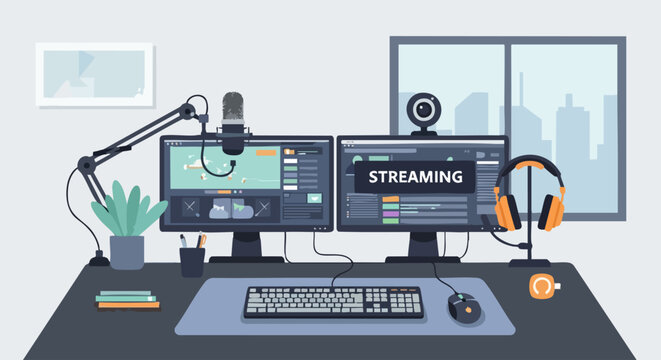 Modern professional streaming setup with monitors and recording equipment.
