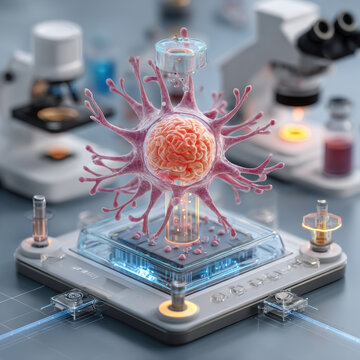 Cell neuron brain microscope laboratory biotechnology research medical diagnostic imaging futuristic lab scene with neuron and brain cell model microfluidic platform near microscope, biotechnology