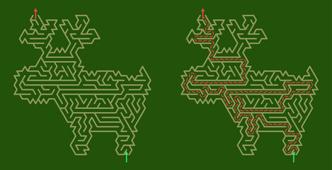 Holiday maze worksheet vector, Christmas labyrinth printable sheet in reindeer shape with a solution  © Vera Kokorina