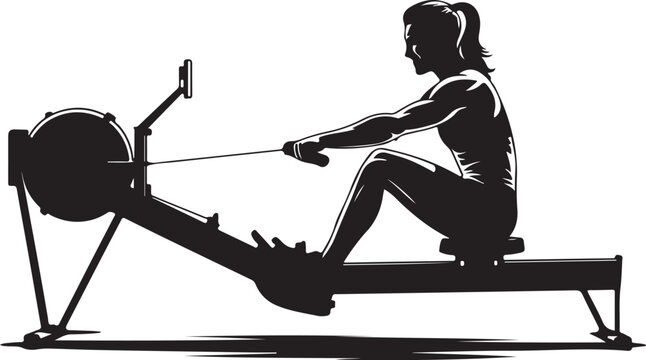 Silhouette of a woman exercising on a rowing machine, representing fitness, cardio workout, gym training, athletic activity, health, and active lifestyle