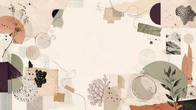 Abstract mixed media collage background with handmade torn paper textures geometric shapes and botanical line art
