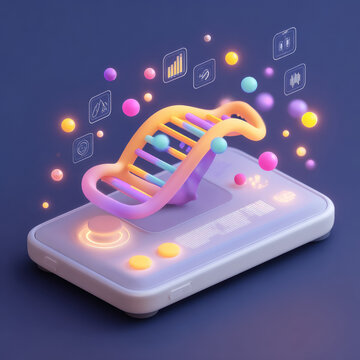 Genomic screening biochip biotechnology DNA genetic analysis medical research colorful of glowing DNA helix biochip device with data icon, futuristic laboratory technology concept