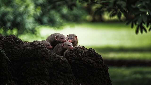 Close up of a pack of Common Dwarf Mongoose (Helogale parvula) living in termite mound, African savanna, South Africa.
