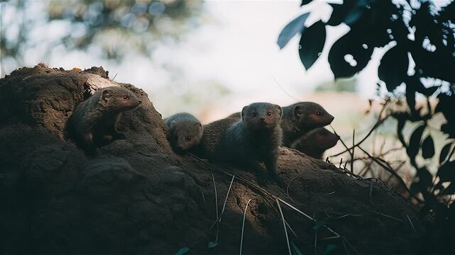 Close up of a pack of Common Dwarf Mongoose (Helogale parvula) living in termite mound, African savanna, South Africa.
