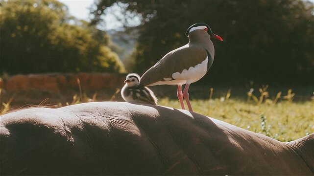 Crowned lapwing (Vanellus coronatus), or crowned plover with her chick on grassland, African savannah, South Africa.
