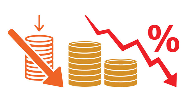 Tax Reduction Icon With Stacks Of Coins And Declining Graph