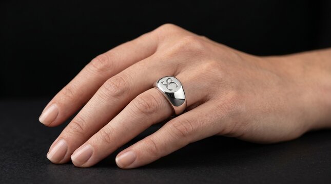 Close-Up of Polished Sterling Silver Monogram Ring on Hand, Dark Background