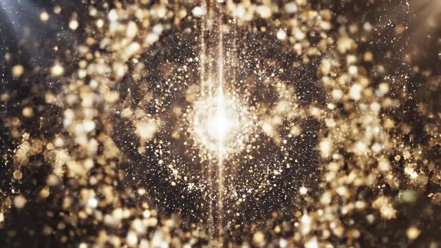 A glittering display of golden stars and particles descends from above, framing a central, shimmering vortex.