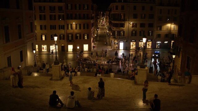 Wide Night View of Piazza di Spagna and Spanish Steps in Rome Italy Shot with Cinema Camera