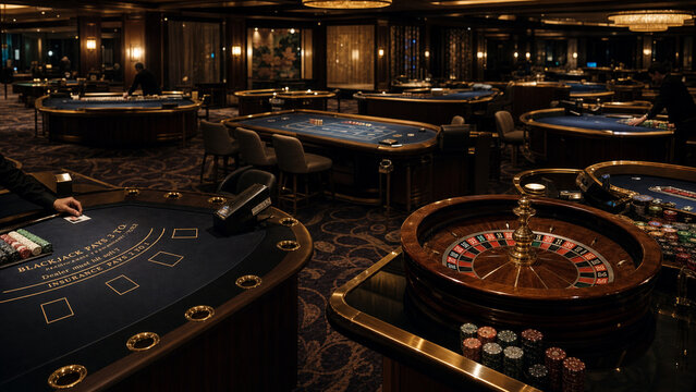 Warmly lit upscale casino floor with roulette wheel, blackjack table, blue felt gaming tables, poker chips, and polished wood decor.