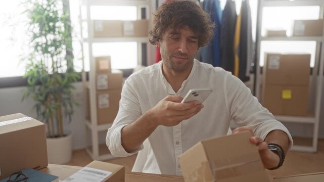 Man holding smartphone and cardboard box scanning shipping label in a small ecommerce packing building with packed shelves and parcels; focus entrepreneurship.
