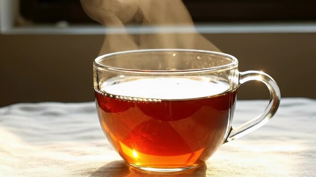 Close up of hot streaming black tea in glass cup with vapor rising