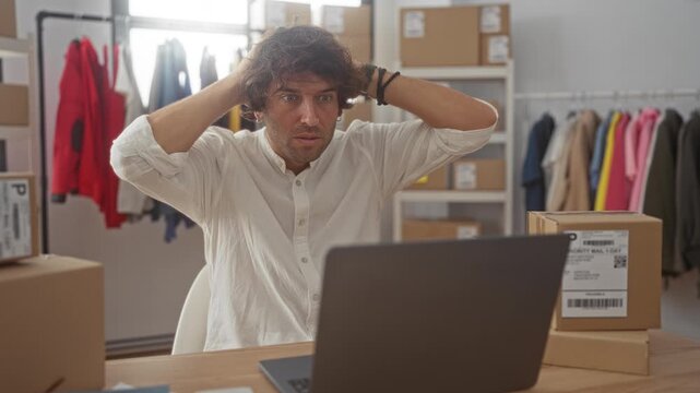 Man with hands on head beside laptop and stacked shipping boxes in a studio packing area, packing station visible; frustration urgency.