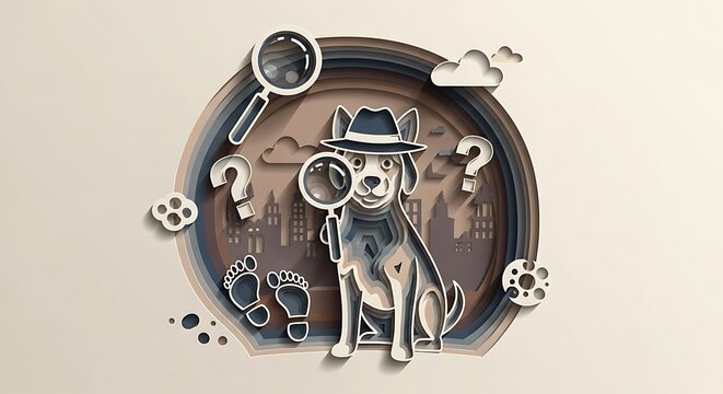 Cartoon detective dog with magnifying glass solving mystery
