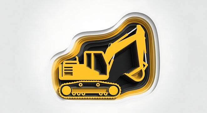 Yellow excavator construction vehicle icon on white background