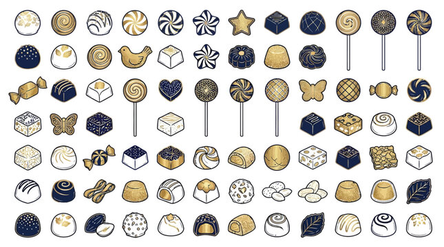 Collection of assorted chocolates and candies in various shapes and colors, presented on a white background.