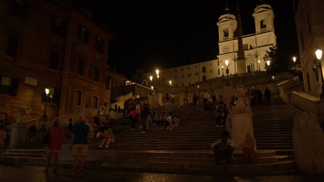 Crowds Walking Up Spanish Steps at Night in Rome Italy Famous Historic Landmark Shot with Cinema Camera
