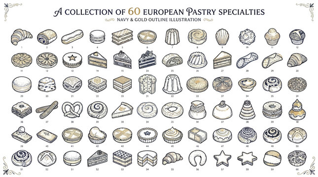 A Collection of 60 European Pastry Specialties Illustrated in a Retro Style.