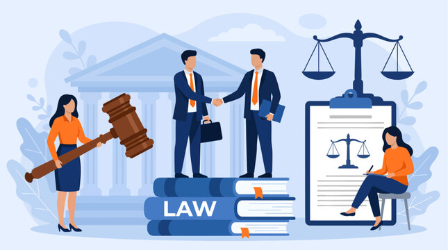 A titanic gavel and a scribe with meticulous records frame two attorneys forging a legal pact on a pillar of foundational jurisprudence books