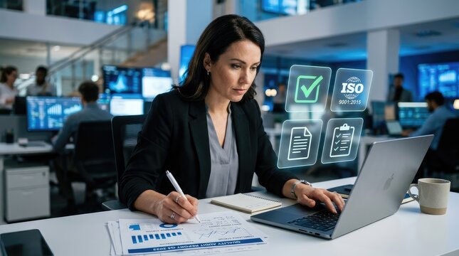 Businesswoman analyzing quality audit report with iso 9001 2015 standards in modern office