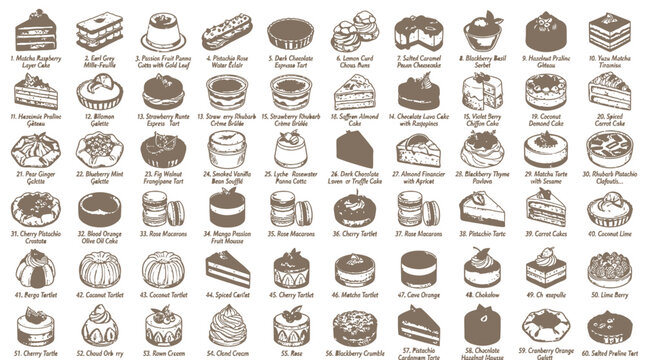 A large collection of various desserts and cakes, illustrated in a vintage style.