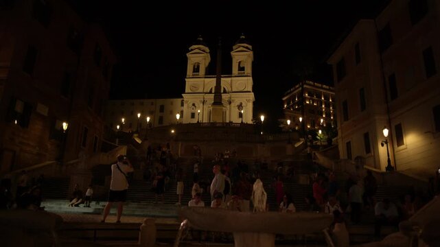 Wide Evening View of Spanish Steps and Piazza di Spagna Crowds in Rome Italy Shot with Cinema Camera