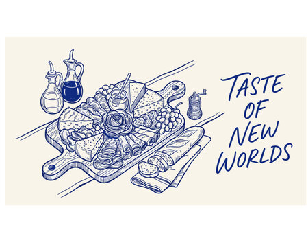 Eat well live well. Charcuterie board local farm. Organic gourmet food. Charcuterie artwork. Taste of new worlds vintage design.