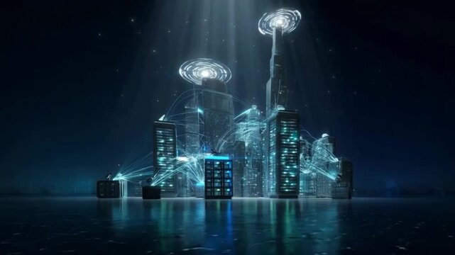 Modern futuristic cityscape with wireless network connections and data flow