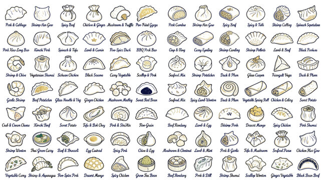 A large collection of various Asian dumplings and dim sum illustrations, presented in a grid format.