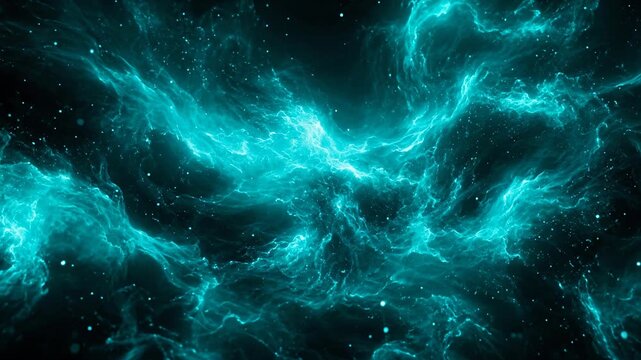 Turquoise cosmic nebula clouds and glowing energy formations in deep space, animation, abstract universe background and futuristic science fiction concept.