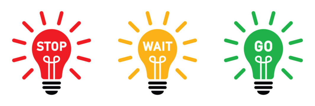 Stop wait and go icon set with red yellow green light bulbs, traffic signal symbols, road safety management, transportation control and signage design vector illustration and transparent png