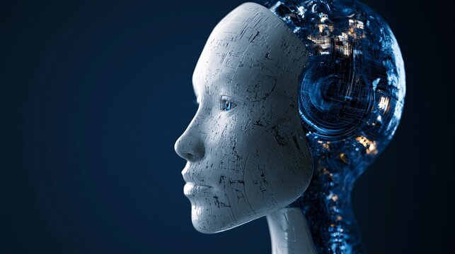 AI robot head with metallic skull and glowing blue circuitry interior