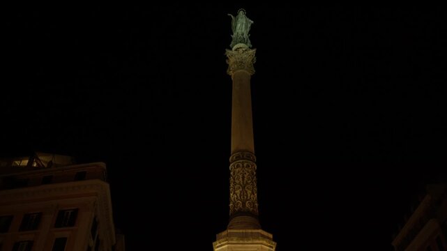 Column of the Immaculate Conception and Statue at Night in Rome Italy Shot with Cinema Camera