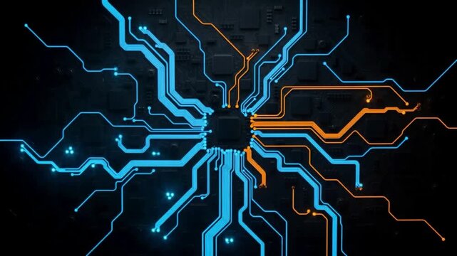 Futuristic glowing circuit board with central processor