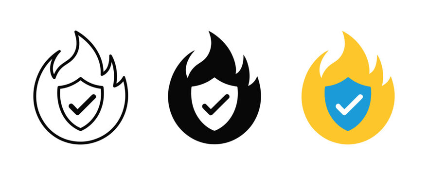 Fire protection icons featuring flame shield and checkmark symbols for safety and security