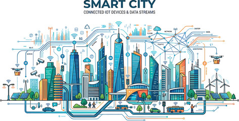 Obraz premium Smart city digital infrastructure concept with connected urban architecture technology infrastructure connectivity buildings development illustration communication