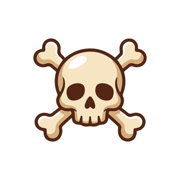 Cute skull and crossbones warning symbol cartoon illustration, vintage pirate jolly roger mark, halloween skeleton head graphic element isolated