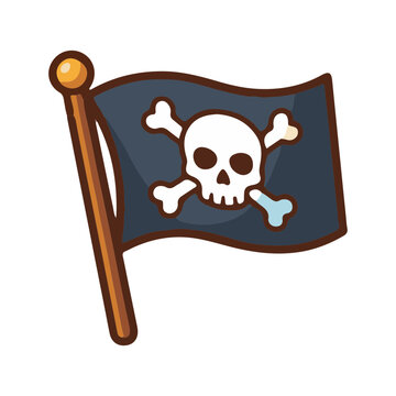 Cartoon pirate jolly roger flag waving on pole, black fabric with white skull and crossbones warning symbol, dangerous maritime adventure illustration