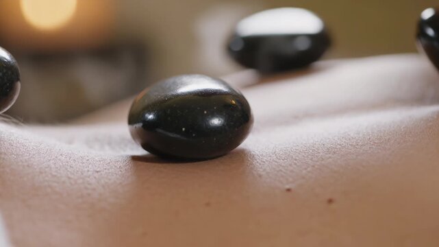 Therapist placing black hot stones during a massage parlor session