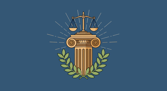 Justice Scales Balanced on Corinthian Column with Laurel Wreath
