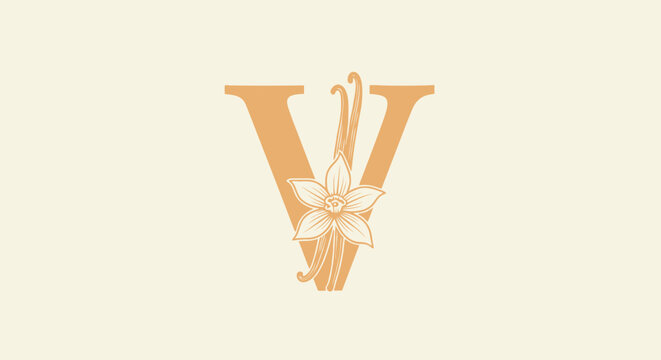 Vanilla Letter V Logo with Orchid Flower and Pods - Elegant Branding Element