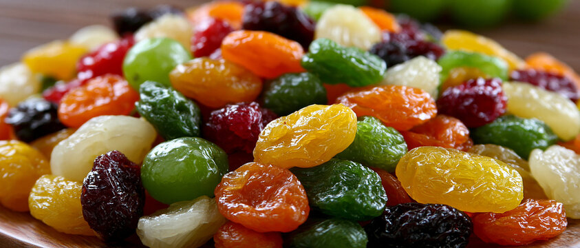 Colorful mix of dried fruits on a wooden plate