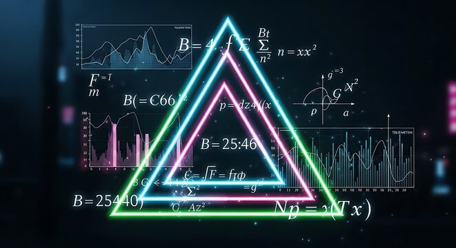 Neon triangle structure surrounded by mathematical equations and scientific charts