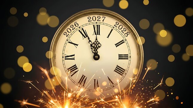 New years eve clock striking midnight with champagne and sparklers celebrating new year 2027 event countdown midnight occasion festive holiday celebration bright lights.