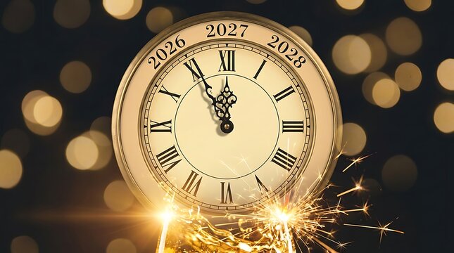 New years eve clock striking midnight with champagne and sparklers celebrating new year 2027 event countdown midnight occasion festive holiday celebration bright lights.
