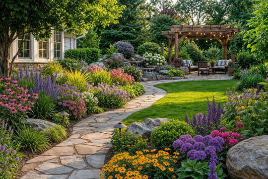 Perennial garden landscaping with ornamental plants colorful flowerbeds manicured lawn decorative stone pathway pergola seating backyard landscape design for outdoor living and curb appeal