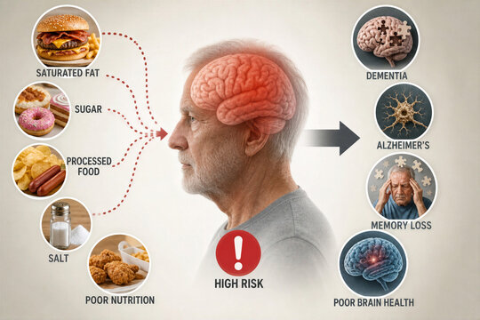 Dementia Alzheimer's and unhealthy diet risk concept elderly man profile with saturated fat processed food sugar salt poor nutrition leading to memory loss high risk brain health